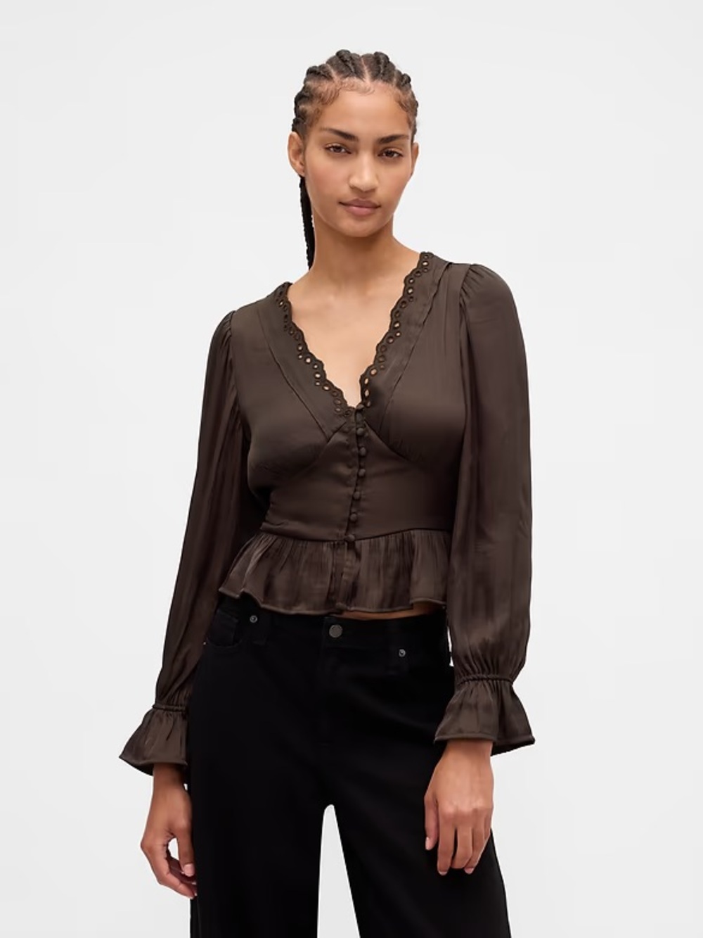 NWT Gap Eyelet V-Neck Peplum Top Feminine Vibes Brown Large - Picture 1 of 6